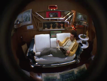 Kramer from Seinfeld looking into fisheye lens