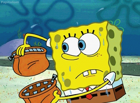 Cartoon character, Spongebob Squarepants, rifling through bags for money