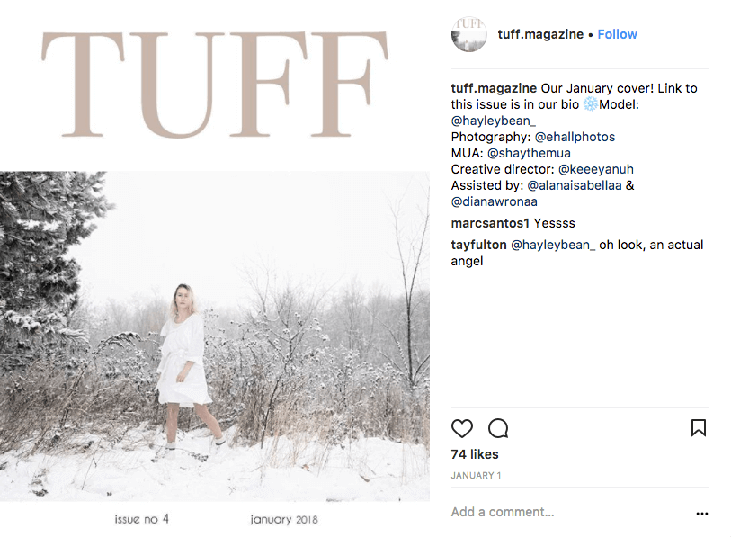 Instagram post screen capture of TUFF Magazine's January cover. Image of a model wearing a t-shirt style dress in a winter landscape.