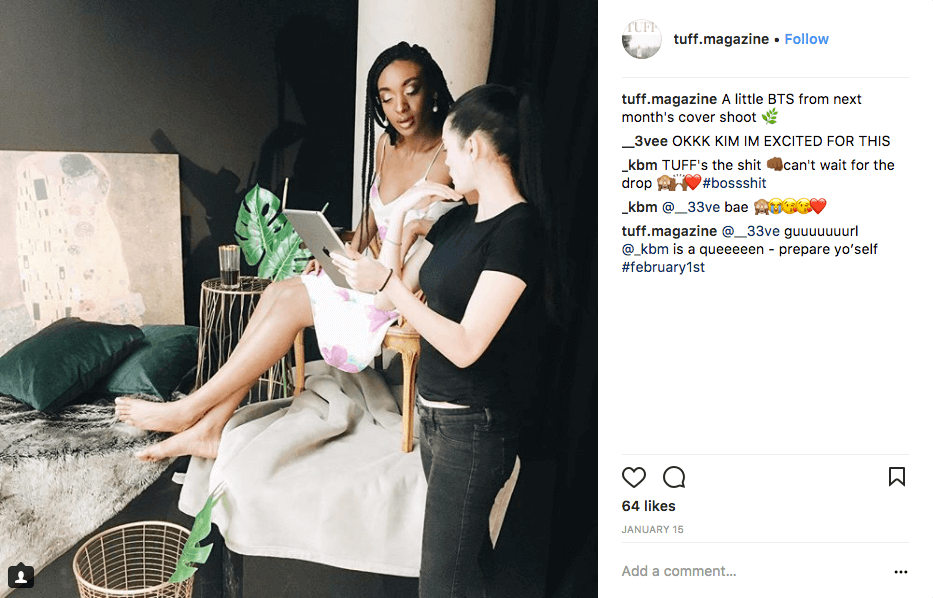 Instagram post screen capture of TUFF behind the scenes. Model is sitting on a set for a photo shoot beside a girl holding an iPad.