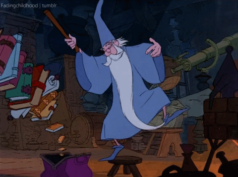 a disney wizard dancing around while books magically fall into his bag