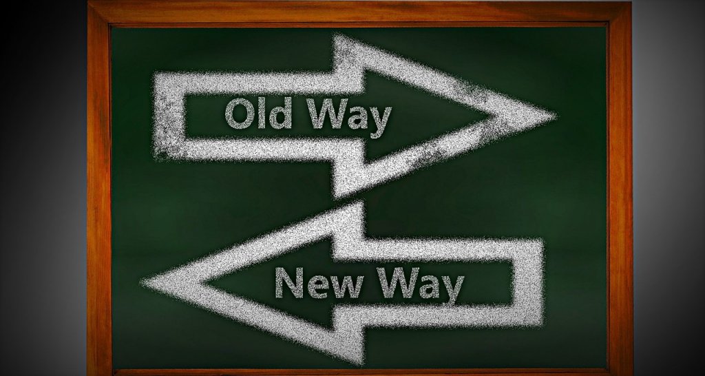 Two arrows pointing in opposite direction, which read "old way" and "new way"