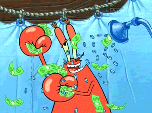 Spongebob character, Mr. Krabs, showering in money