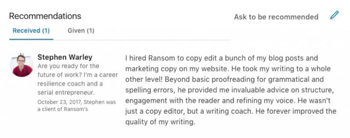 An example of a well written LinkedIn recommendation.