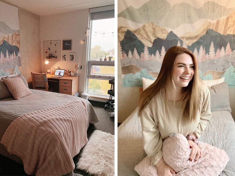 light pink dorm room collage with girl sitting on bed laughing