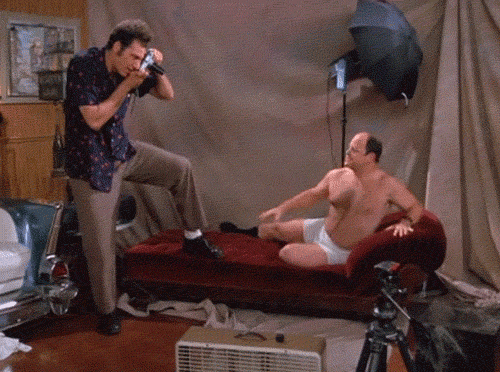 George from Seinfeld, posing half-naked for a photo shoot