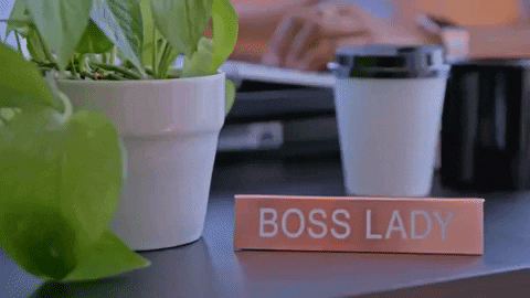 CEO desk with a plaque that reads "Boss Lady"