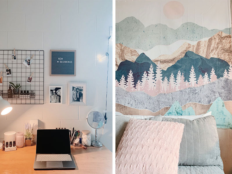 desk and pillows with mountain poster on wall