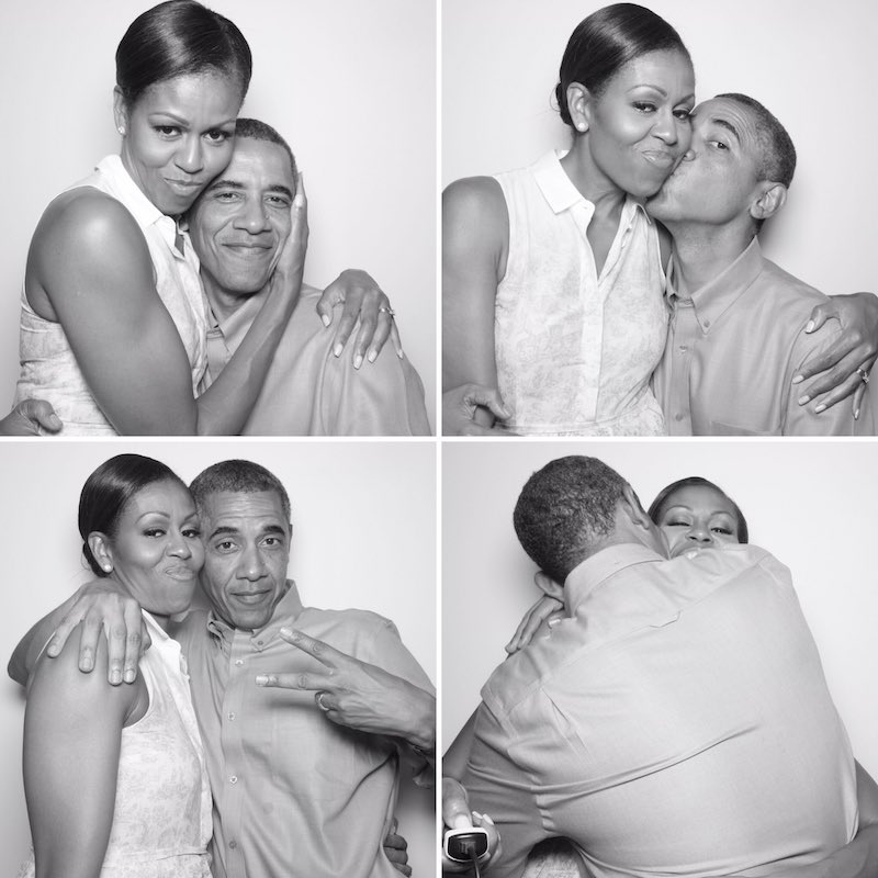 Black and white photobooth pictures of Michelle and Barack Obama
