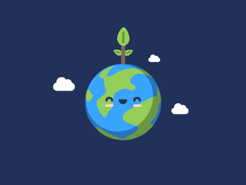 A cartoon planet Earth smiles as it sprouts a healthy tree.