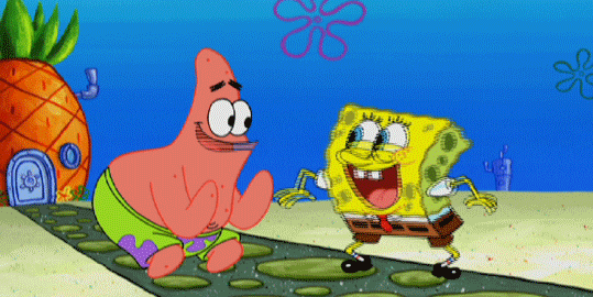 Spongebob Square Pants and Patrick Star jumping and high-fiving.