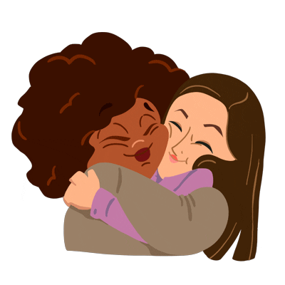 Two cartoon women smile while wrapped in a tight embrace.