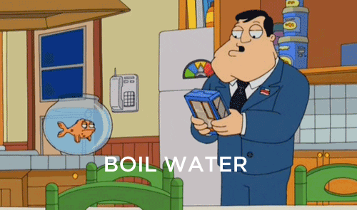 Gif of Stan Smith from the TV show, "American dad," saying, "Boil water? What am I, a chemist?"