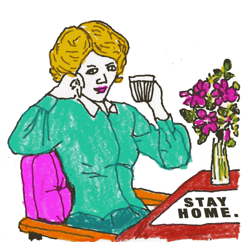 A cartoon woman holds up a mug of tea while sitting at a table with a note that reads, "Stay home."