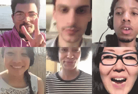 Six people connect over a group video call.