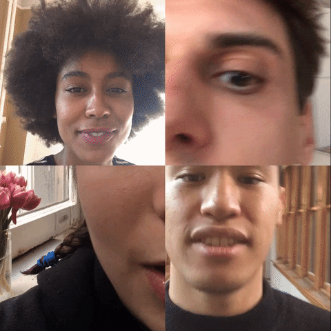 Four people conduct a Group Facetime, positioning their faces to line up with one another.