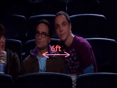 Sheldon Cooper and Leonard Hofstadter from "The Big Bang Theory" sit next to each other at a movie theatre with an arrow labelled "6 ft" between them.