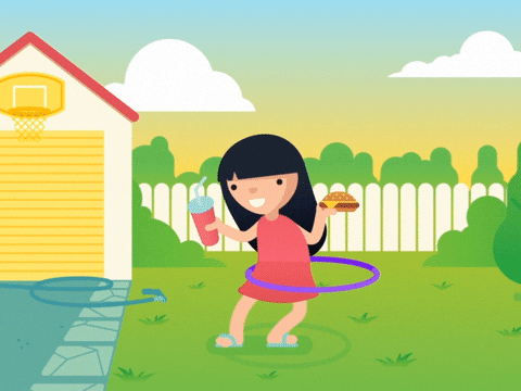 A young cartoon girl with black hair and a pink dress plays with a hula hoop while holding a drink in one hand and a hamburger in the other.