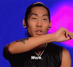 Gia Gunn from season six of RuPaul's Drag Race snaps her fingers and says "work!"