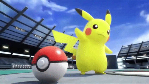 Pikachu stands next to a Poke Ball and waves to the camera.