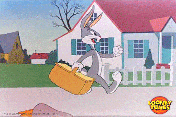 Bugs Bunny smiles while holding a suitcase and walking down a residential street
