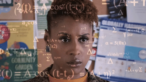 Issa Rae appears contemplative as math equations surround her face