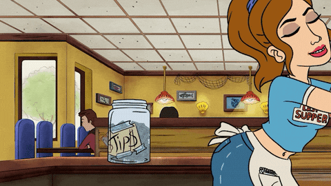 A cartoon waitress dances while throwing cash into a tip jar.