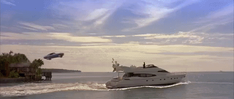 Clip from, "2 Fast 2 Furious," where Brian and Tyrese launch a blue car onto a moving boat.