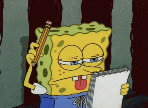 Spongebob Squarepants sticks his tongue out and squints his eyes while holding a notebook and tapping his head with a pencil.