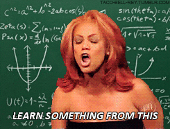 Tyra Banks stands in front of a chalkboard cluttered with math equations. She looks frustrated and says, "Learn something from this!"
