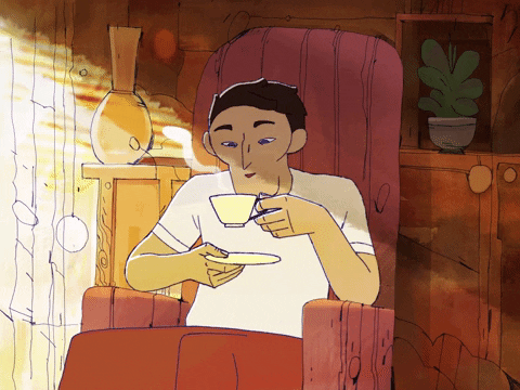 A cartoon man smiles contently as he smells a hot cup of coffee while sitting in a red recliner.