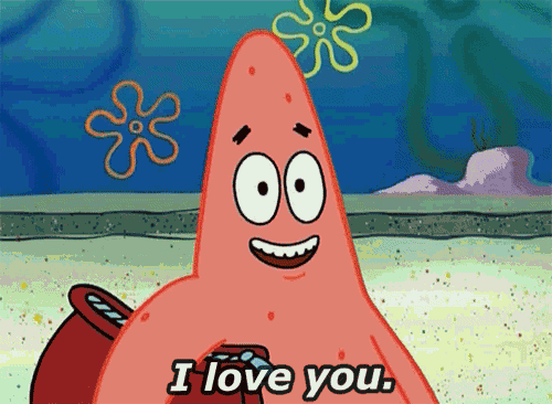Patrick Star from "Spongebob Squarepants" holds a bag of chocolate bars and smiles while saying, "I love you."