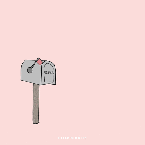 Cartoon animation of an envelope flying out of a mailbox and opening to reveal a heart.