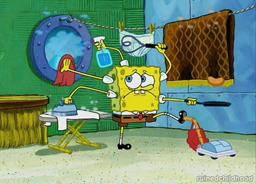 Gif of Spongebob Squarepants simultaneously vacuuming, ironing, cooking, spraying cleaning solution, wiping a window and dusting a tapestry.