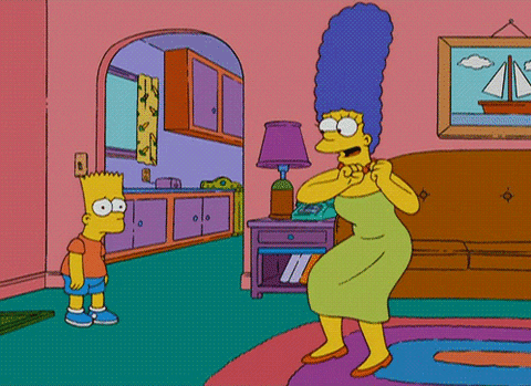 Marge Simpson dancing and Bart Simpson watching looking disappointed in her for her moves