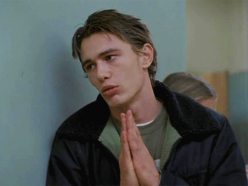 James Franco in NBC's "Freaks and Geeks" holds his hands in a prayer position and mouths the word "please".