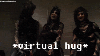 Members of the Black Veil Brides wear gothic hair and makeup and individually lean towards the camera performing a hugging motion as the words "Virtual hug" appear across the bottom of the image.