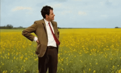 Mr. Bean looking at watch in a field