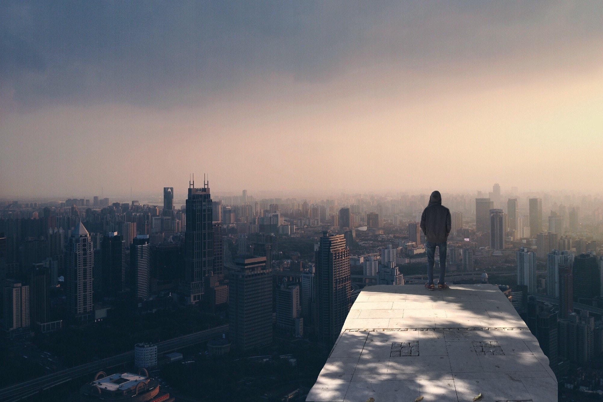 Silhouette of a person standing on a cliff overlooking a crowded city skyline.