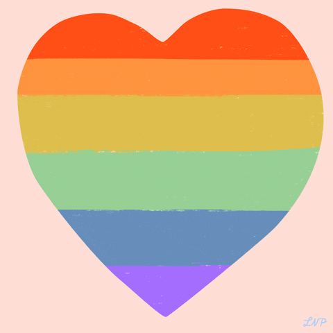 A rainbow heart swells on a pastel pink background.