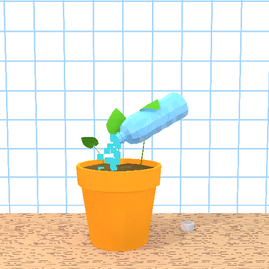 Cartoon time lapse of a potted plant being watered and growing.