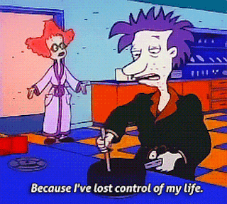 Stu Pickles from Nickelodeon's "Rugrats" appears tired as he stirs a pot on the stove and says, "Because I've lost control of my life."