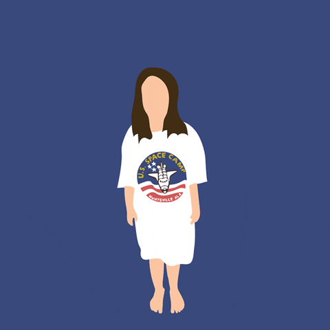 Cartoon animation of a person with long brown hair growing taller while wearing the same oversized U.S. Space Camp shirt. As the person grows, the shirt begins to fit them more comfortably.
