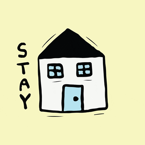Gif of a white cartoon house with a black roof, a blue door, and two blue windows on a pastel yellow background. The words "Stay home" flash individually on either side of the house.