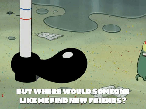 Plankton from Nickelodeon's "Spongebob Squarepants" (1999-) says, "But where would someone like me find new friends?"