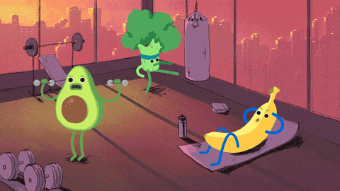 Cartoon animation of an avocado, a banana, and a head of broccoli working out in a gym.