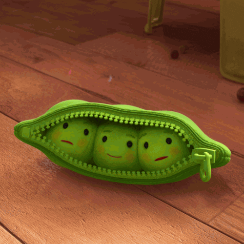 Clip from Disney Pixar's "Toy Story 3" (2010) featuring three plush peas snuggled together in a pea pod-shaped carrying case.