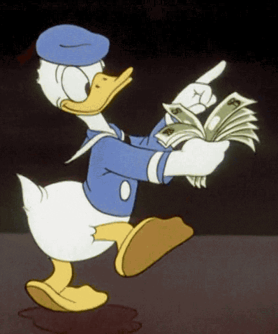 Donals Duck wears a navy blue suit jacket and beret while walking and counting a stack of bills.