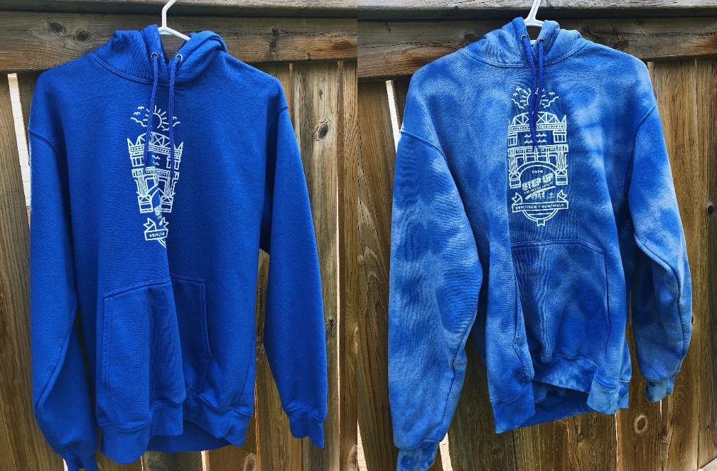 A blue hoodie tie-dyed with bleach.