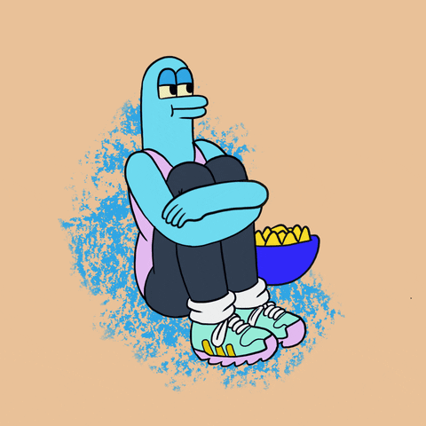A blue-skinned anthropomorphic cartoon creature sits hugging its knees and snacking on a bowl of tortilla chips.